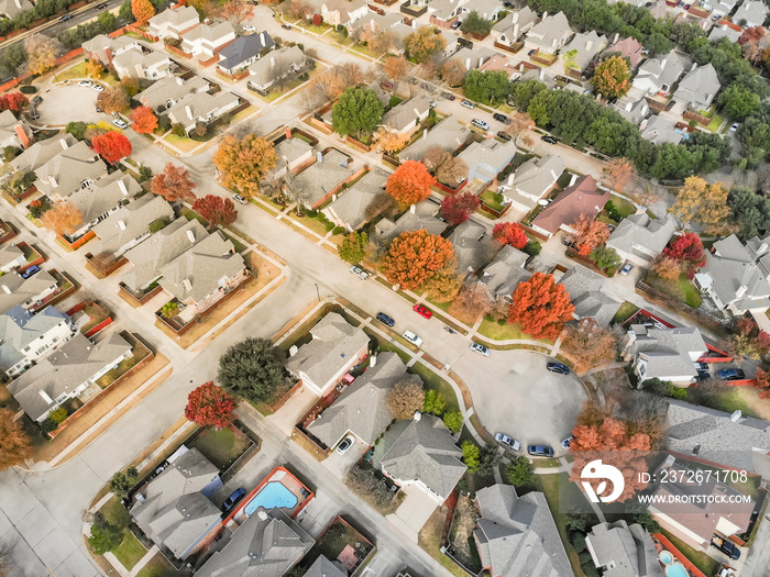 Aerial view residential neighborhood in the Dallas, Texas suburb of Irving, Texas, USA. Tightly pack