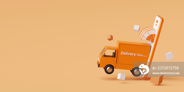 E-commerce concept, Delivery service on mobile application, Transportation delivery by truck, 3d ren