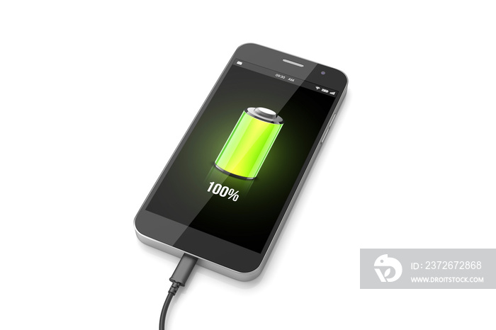 智能手机充电概念。绿色全电池手机。3D插图
