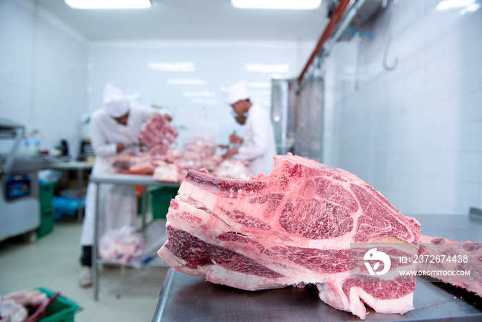 Large raw wagyu beef from a meat processing packaging factory in Japan