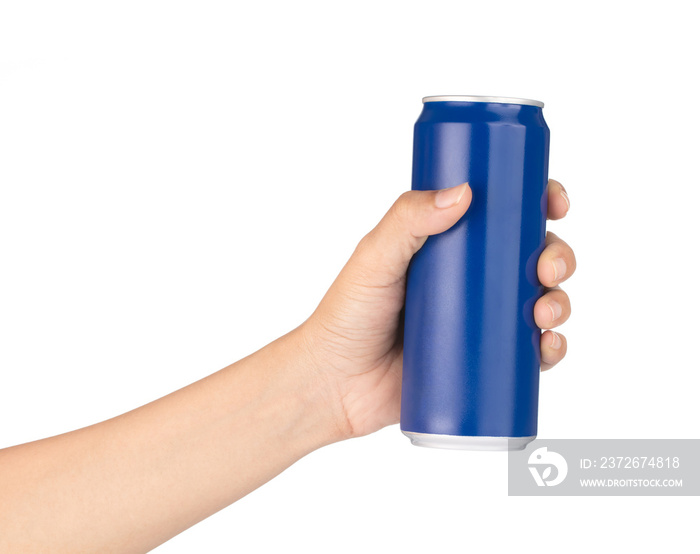 hand holding Blue aluminum cans isolated on white background