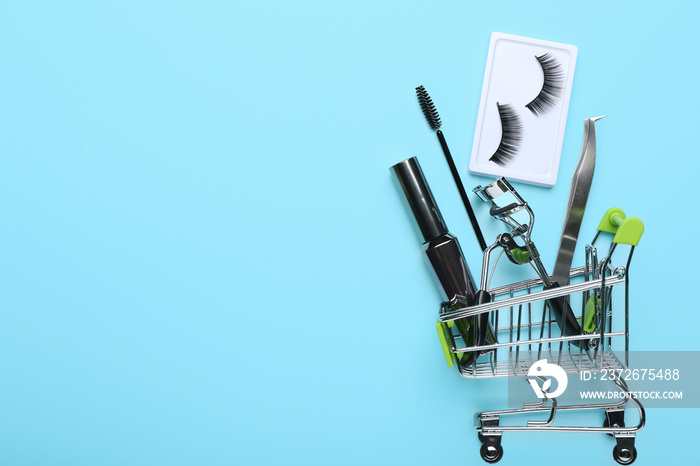 Creative composition with false eyelashes and tools on color background