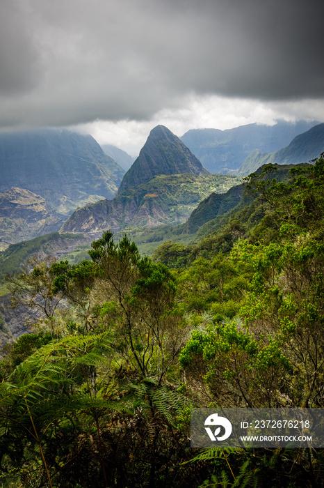 Piton Cabris, mountain peak in the Cirque of Mafate, seen from Sentier Scout trail on Réunion Island