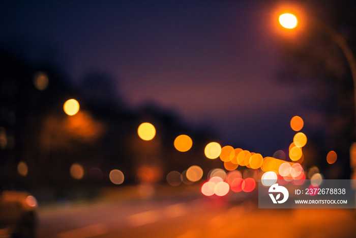 Bokeh photography in urban environment, beautiful bokeh, street lights, car lights, traffic lights, 