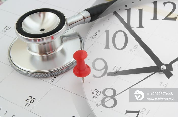 Regular medical examination concept, black stethoscope and push pin on calendar, collage with clock