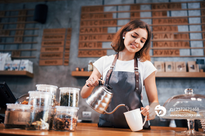 When you love your job. Young female cafe worker indoors. Conception of business and service