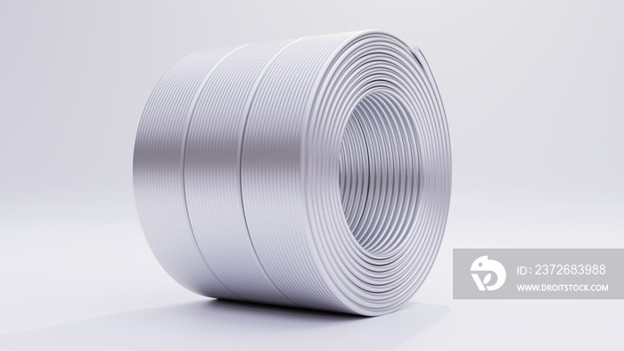 Aluminum wire coil cable reel on white background. Industry metal aluminum spool. 3d render.