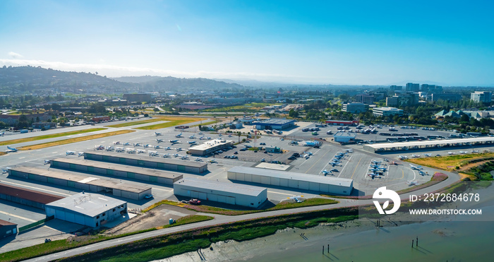 Aerial view of San Carlos Airport planes and hangars