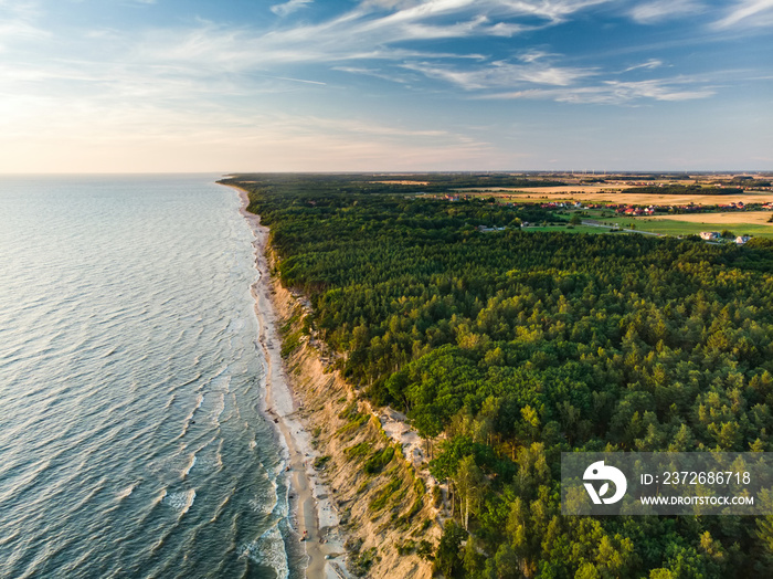 Aerial view of the Baltic Sea shore line near Klaipeda city, Lithuania.