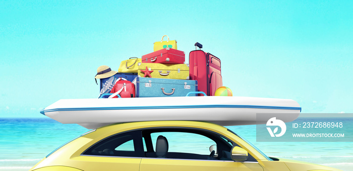 Car with luggage ready for summer vacation 3D Render 3D illustration