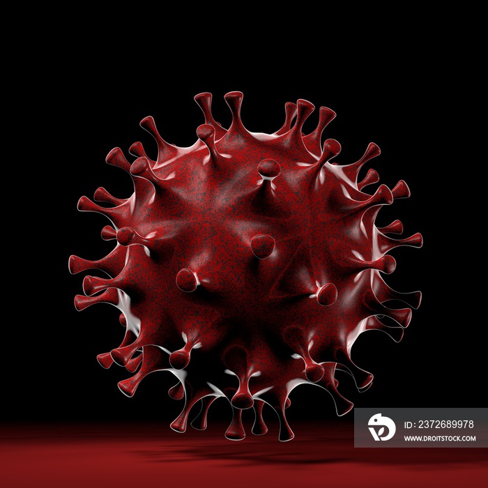 Deadly red virus cell. 3D render on dark background with red surface. Corona covid-19 concept design