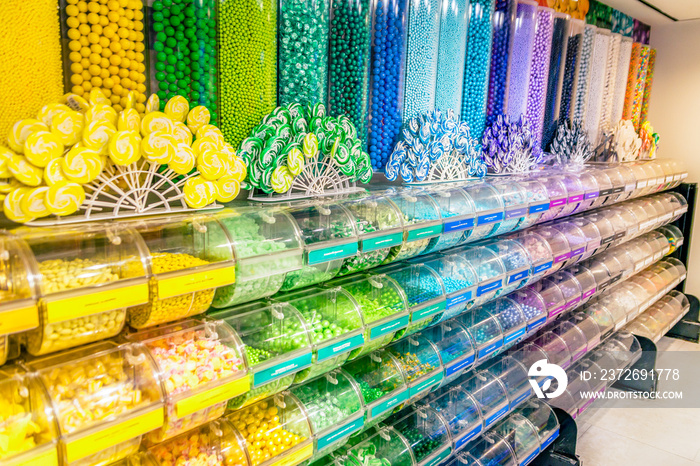 Candy bar and counter in the candy shop. Low light vivid image.