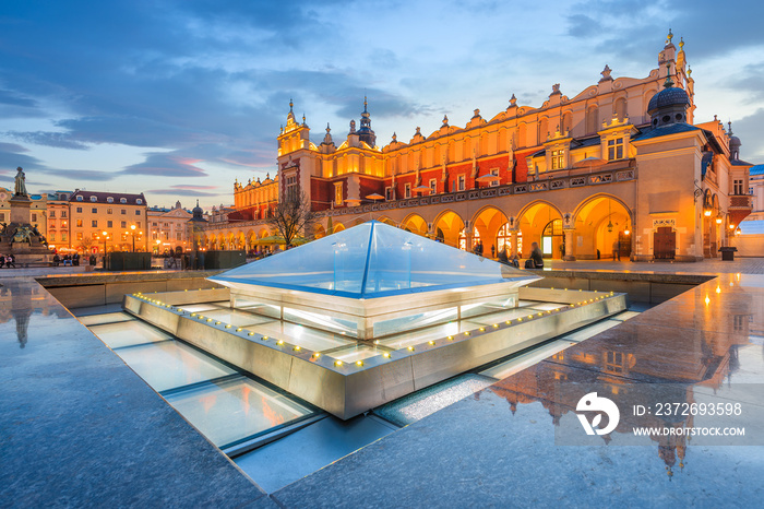 Cloth Hall Sukiennice building at night on main square of Krakow city, Poland