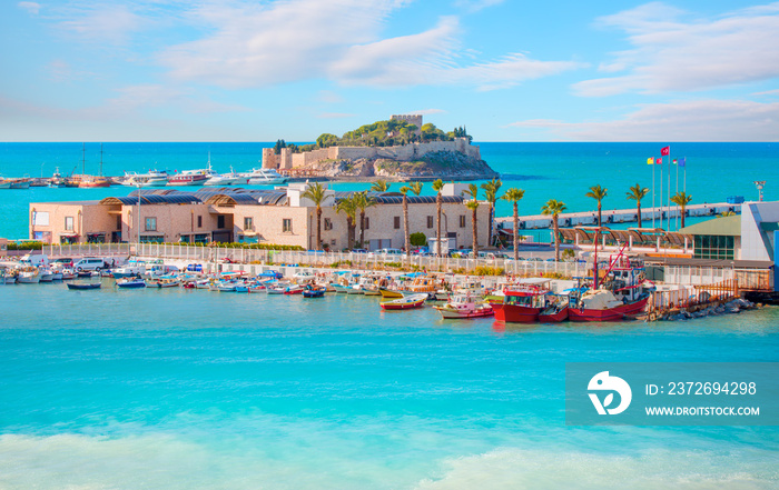 Pigeon Island with a  Pirate castle . Kusadasi harbor, Aegean coast of Turkey