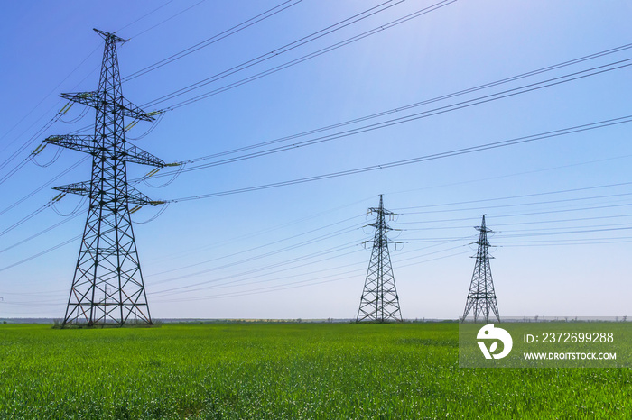 High-voltage power lines. Electricity distribution station. high voltage electric transmission tower