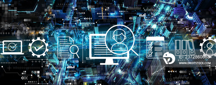 Document management system concept with aerial view of urban city at night