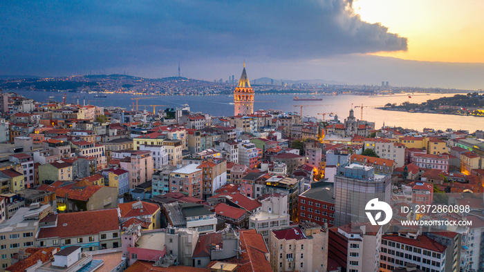 Aerial view of Galata tower and Istanbul city in Turkey.