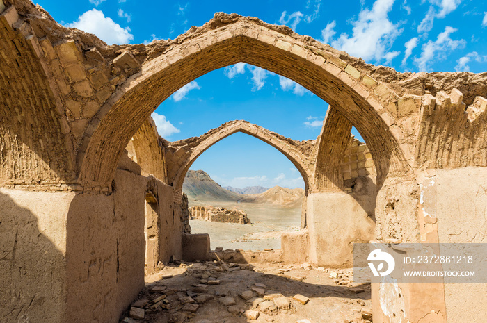 Ruins of ritual buildings near Dakhmeh Zoroastrian Tower of Silence, Yazd, Iran