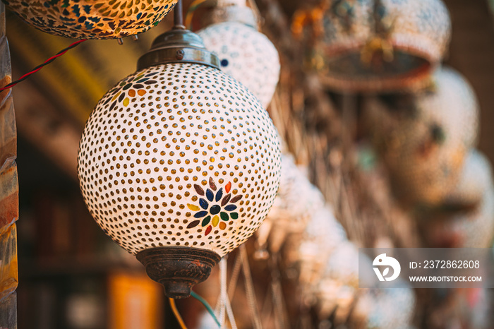 India. Market With Many Traditional Colorful Handmade Indian Lamps And Lanterns. Lanterns Hanging In