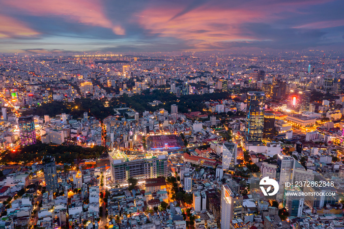 Drone view photo of Saigon downtown district in the sunset