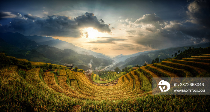 Terraced rice fields that resemble the letter U. Sunset evening light and low light. at Mu Cang Chai