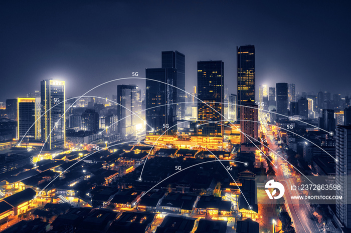 5G network wireless systems and internet of things with modern city skyline