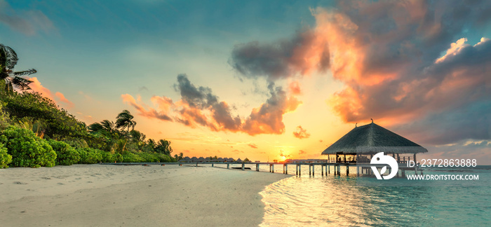 Panorama of small island resort in Maldives, Indian Ocean