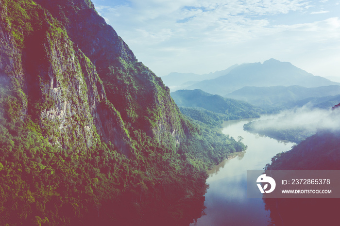 Aerial view of mountains and river Nong Khiaw. North Laos. Southeast Asia. Photo made by drone from 