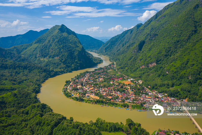 Aerial view of village of Nong Khiaw. North Laos. Southeast Asia. Photo made by drone from above. Bi