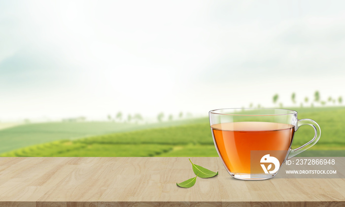 茶园木桌上的一杯绿茶，健康产品，org