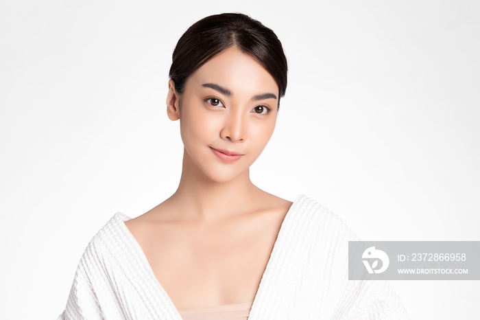 Beautiful young asian woman with clean fresh skin on white background, Face care, Facial treatment, 