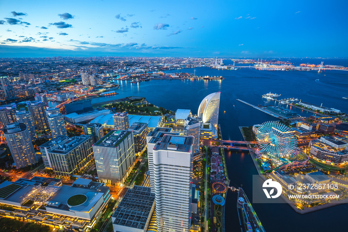 aerial view of yokohama port in japan at night