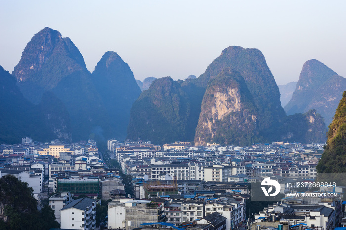 Yangshuo cityscape skyline with Karst mountains in Guangxi Province, China