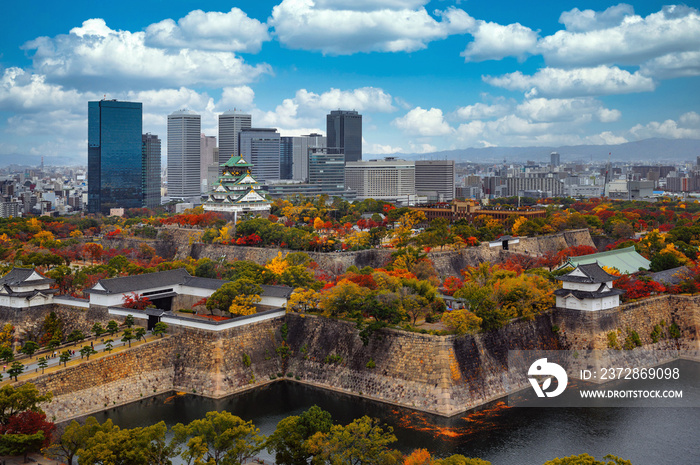 Cityscape from top view of Osaka city  and Osaka castle