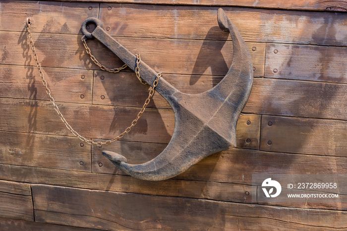 Anchor on side of replica 14th century British sailing vessel