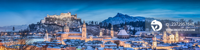 Salzburg winter panorama at blue hour, Salzburger Land, Austria