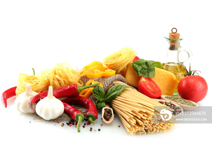 Pasta spaghetti, vegetables and spices, isolated on white