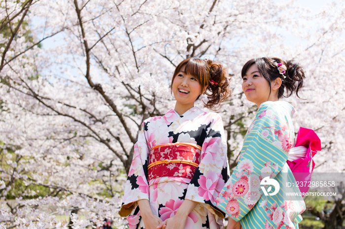 日本和服女子和樱花