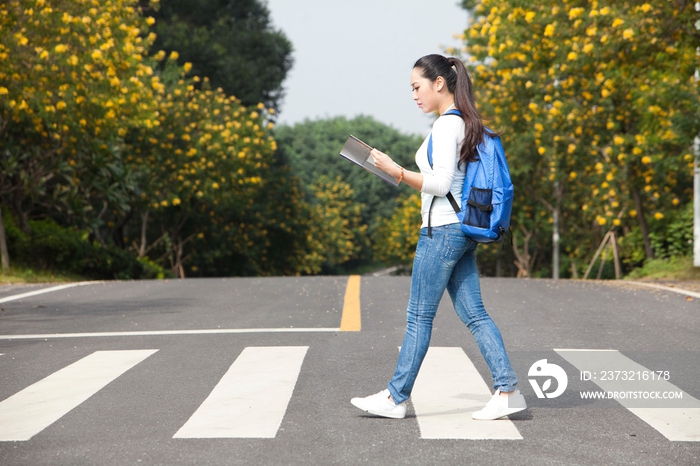 一个年轻女大学生过马路