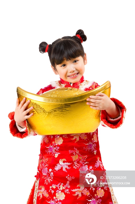 棚拍中国新年唐装儿童抱着金元宝
