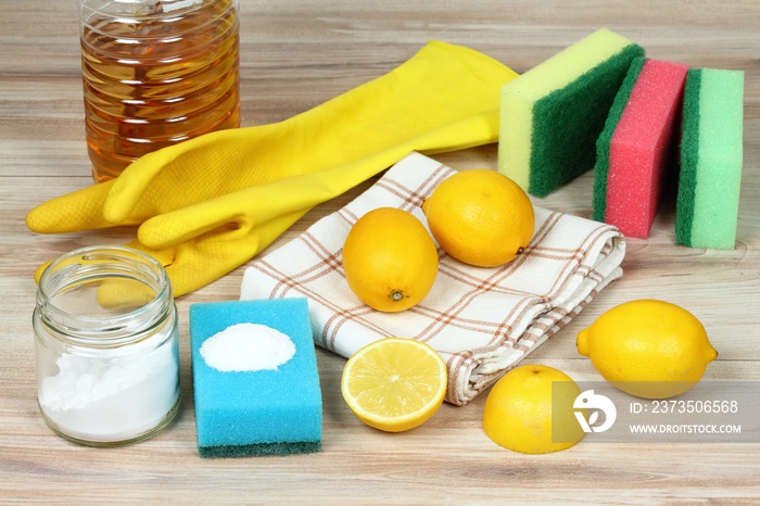 Natural cleaners, baking soda (sodium bicarbonate), vinegar, lemon, salt.