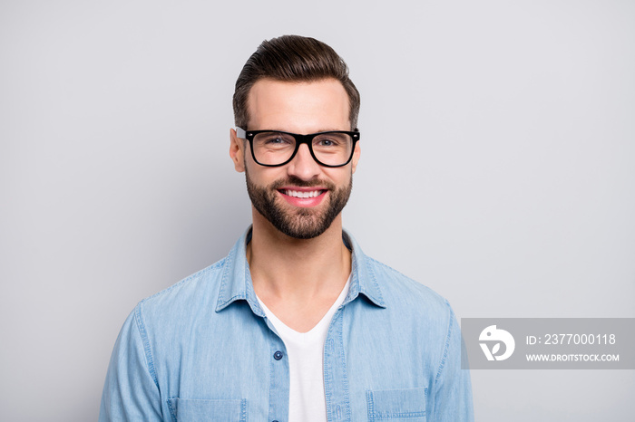 Closeup photo of amazing friendly business guy perfect neat appearance hairstyle young promoted boss chief wear specs casual denim outfit isolated grey color background