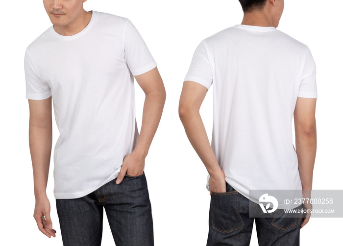 Young man in white T shirt mockup isolated on white background with clipping path.