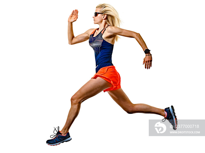 one caucasian beautiful long blond hair woman runner jogger jogging running studio shot isolated on white background