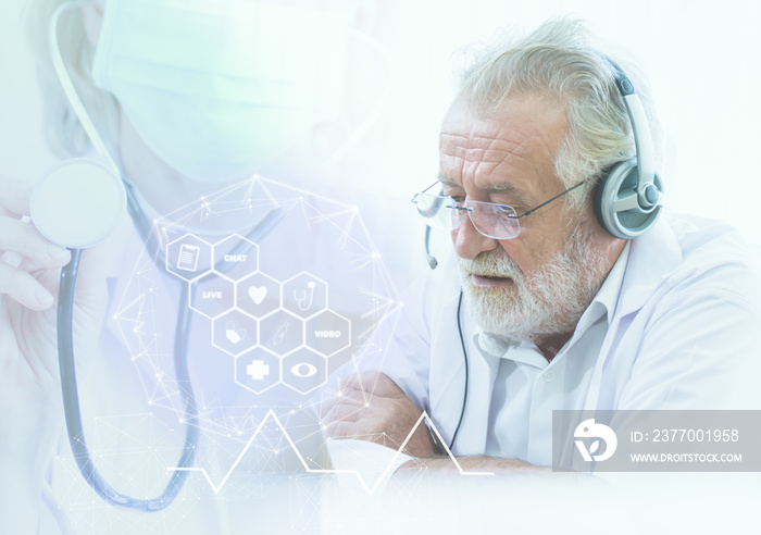 Double exposure of doctor wearing headset for making online video conference