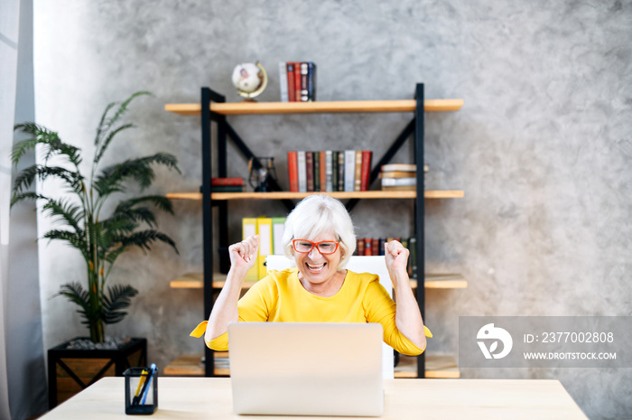 Cheerful older woman in smart casual wear and eyeglasses is looking at laptop screen and holding hands up in winner sign. A senior business lady satisfied looks at the screen with a triumph