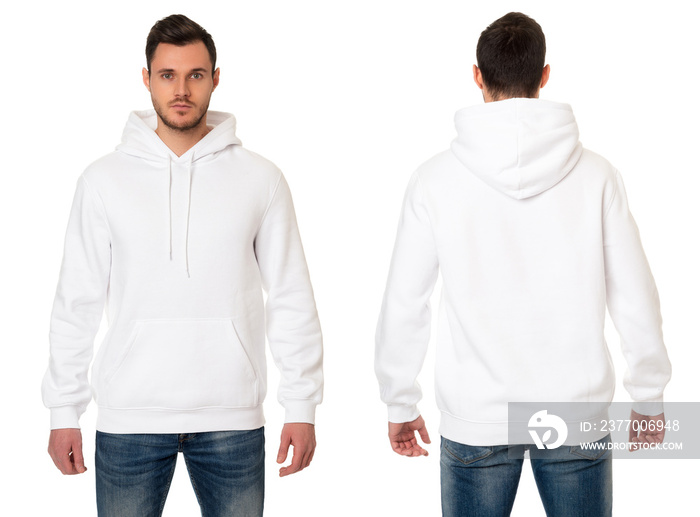 Man in white hooded sweatshirt on white background. Front view, back view