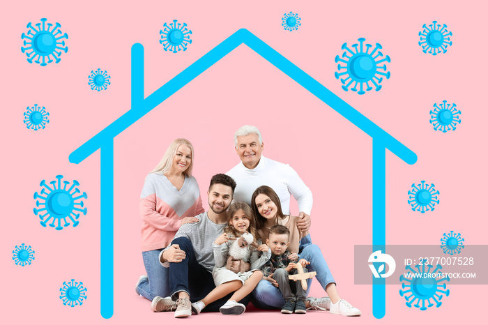 Healthy family, drawn house and viruses on pink background. Concept of strong immunity