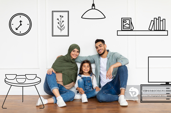 Happy arab family planning and imagining new home interior