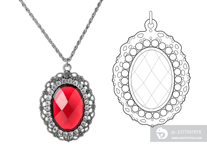 Beautiful silver pendant with ruby and its sketch on white background